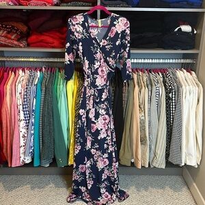LARA navy with pink flowers 3/4 sleeve v neck maxi dress size M​